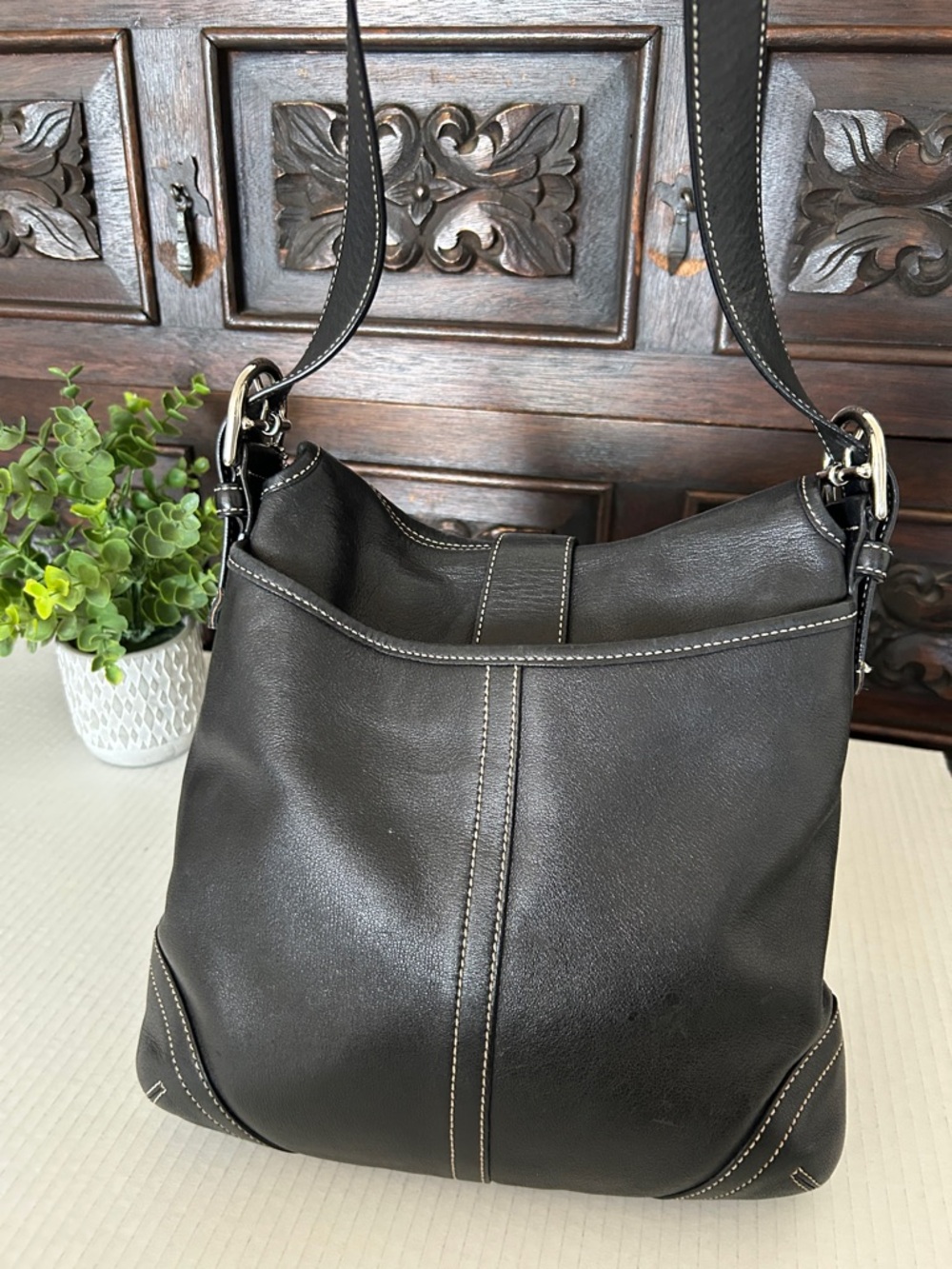 Coach Dark Brown Leather Crossbody Bag with Silver Hardware - Picture 6 of 14